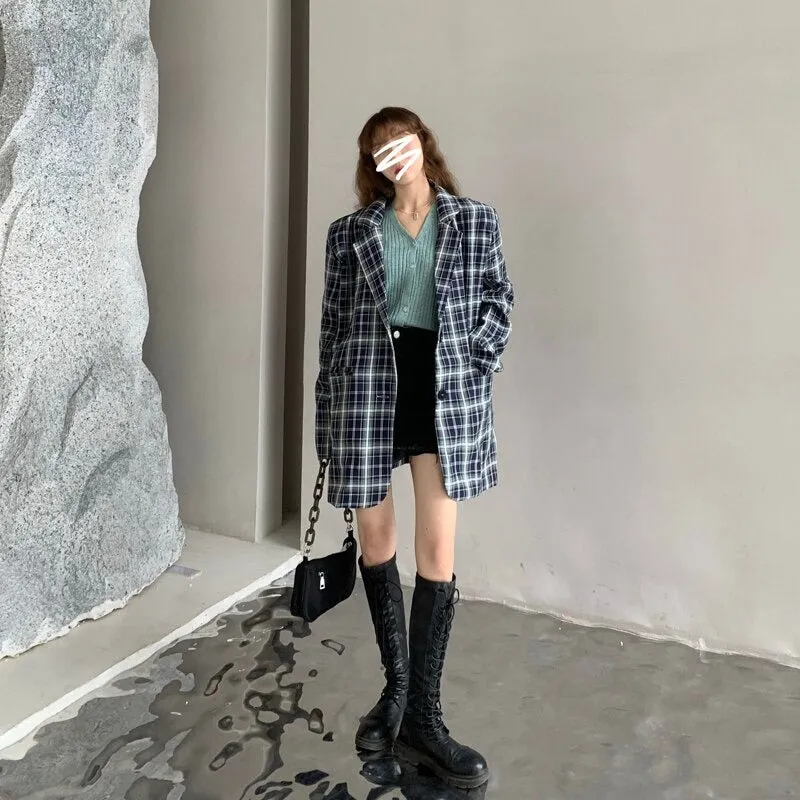 Vintage Notched Collar Plaid Blazer Breasted Jacket