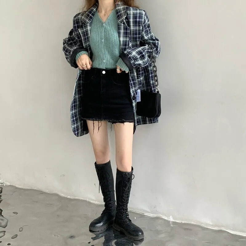 Vintage Notched Collar Plaid Blazer Breasted Jacket