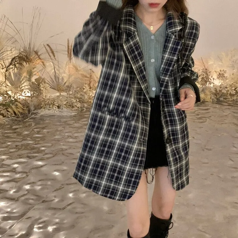 Vintage Notched Collar Plaid Blazer Breasted Jacket