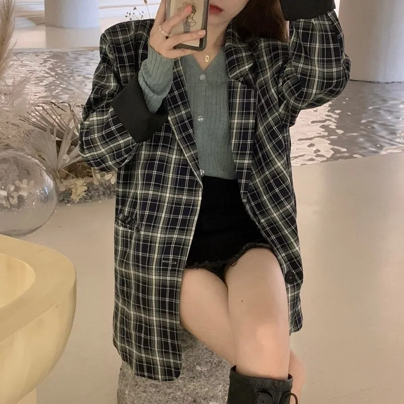 Vintage Notched Collar Plaid Blazer Breasted Jacket