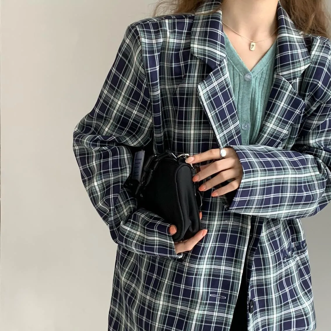 Vintage Notched Collar Plaid Blazer Breasted Jacket