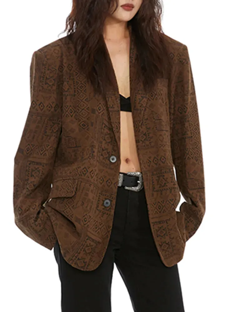 Vintage Spliced Pockets Blazers For Women Notched Collar Long Sleeve Patchwork Single Breasted Casual Blazer Female