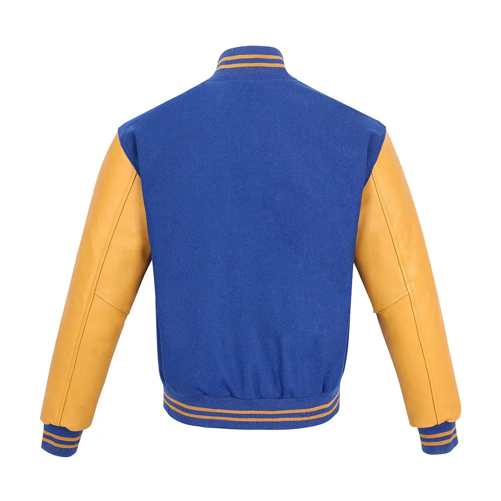 Warrior Gears Classic Hybrid Varsity Jacket for Kids, Toddler Letterman Bomber Jacket for Boys, Unisex Varsity Jacket Girls, Royal Blue Pure Wool Body & Goldish Yellow Cowhide Leather Sleeves