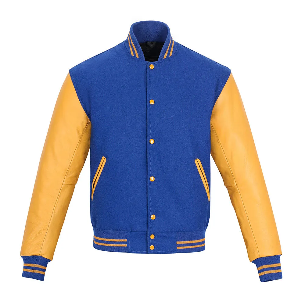 Warrior Gears Classic Hybrid Varsity Jacket for Kids, Toddler Letterman Bomber Jacket for Boys, Unisex Varsity Jacket Girls, Royal Blue Pure Wool Body & Goldish Yellow Cowhide Leather Sleeves