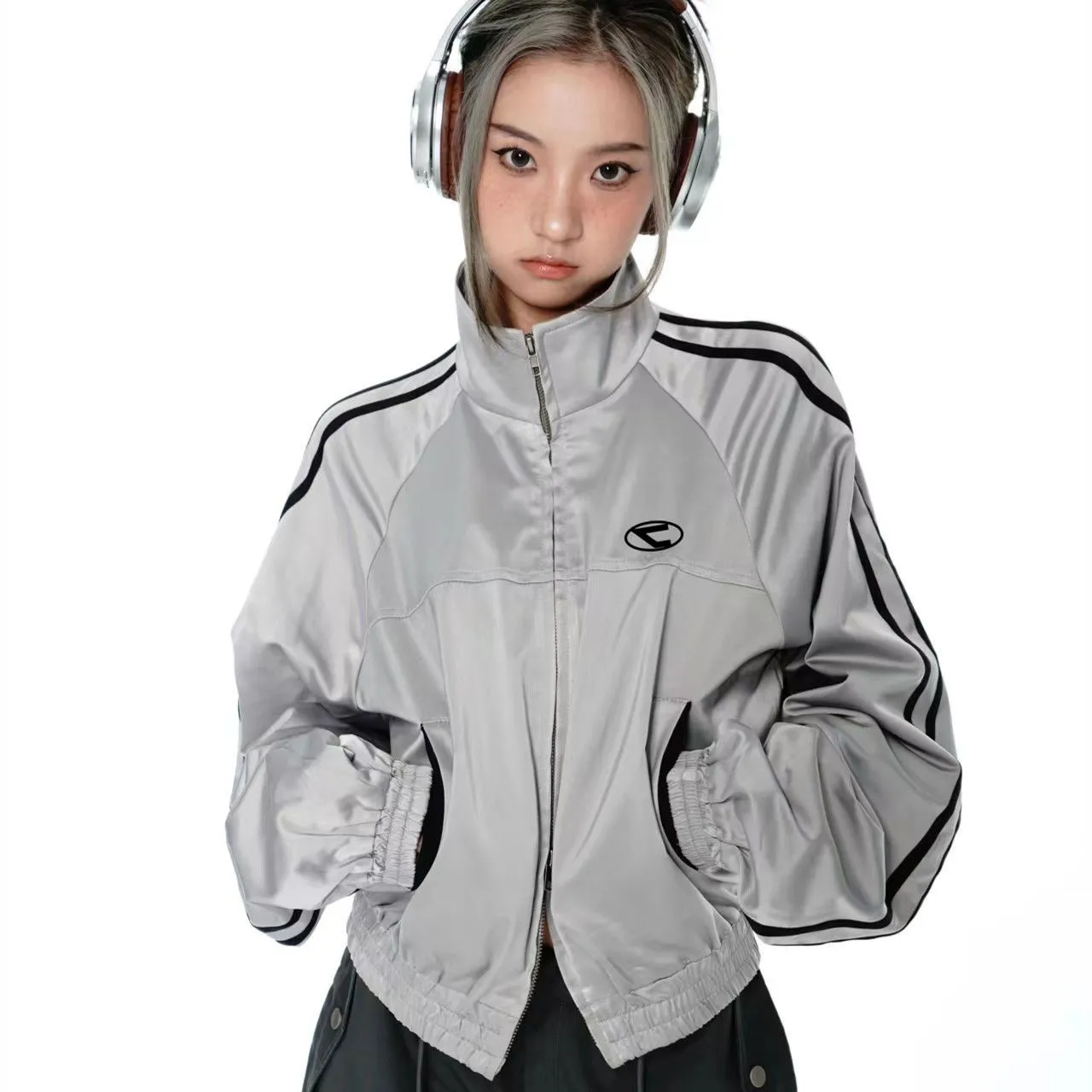 Wenkouban korean fashion American Retro Hot Girl Top Niche Design Double Zipper Casual Sports Jacket Silver Gray Short Coat for Women