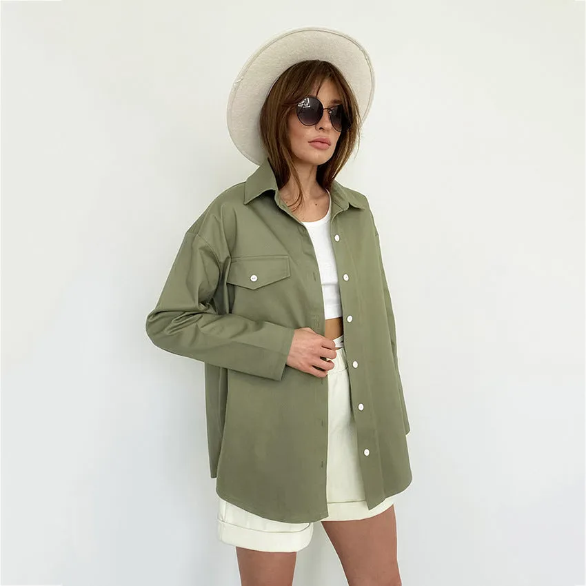 Wenkouban social worker outfits Green Workwear Shirt Women's Loose Long Sleeve Shirt Cardigan Jacket Coat