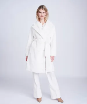 Winter White Faux Fur Coat with Waist Belt