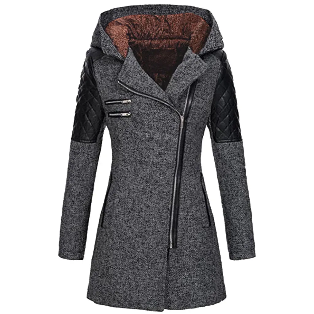 Women's autumn and winter mid length hooded loose diagonal zipper woolen trench coat composite plush cotton jacket