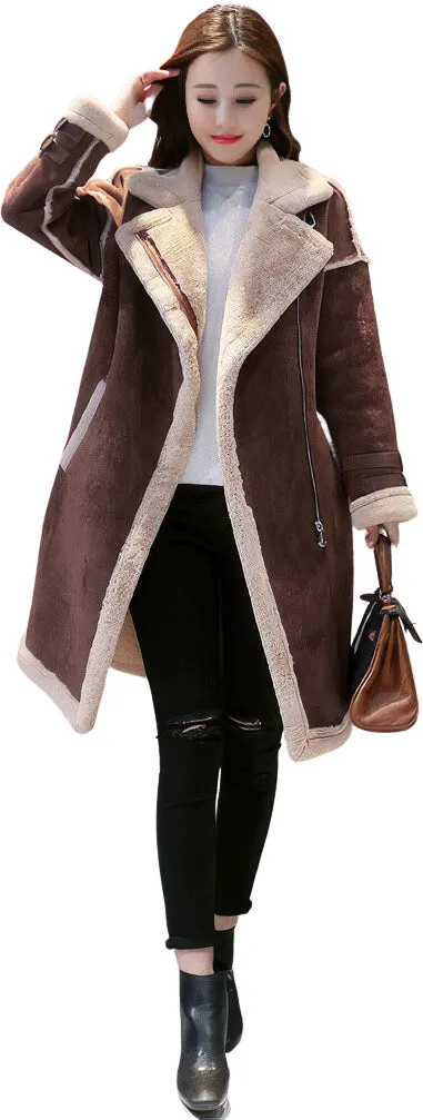 Women’s Brown Genuine Suede Sherpa Shearling Faux Fur Lined Winter Warm Thick Double Breasted Long Leather Coat