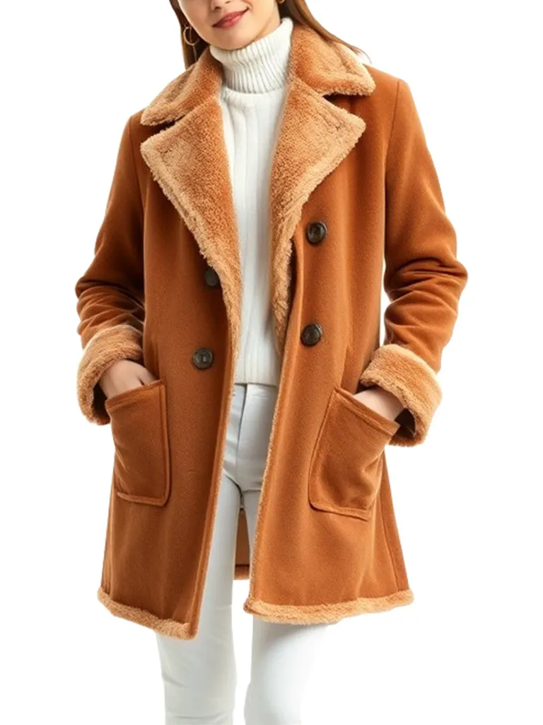 Women's Brown Sherpa-Lined Double-Breasted Coat