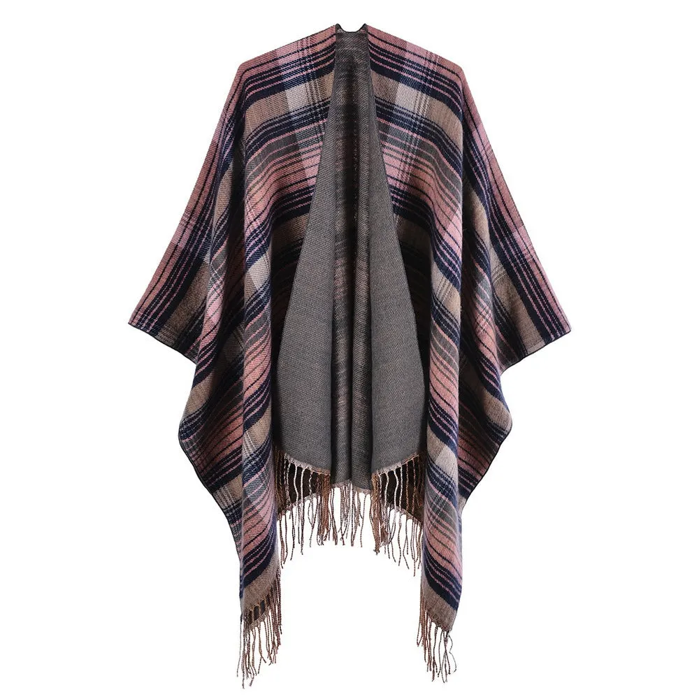 Women's classic color plaid cape with cashmere tassels thickened for warmth