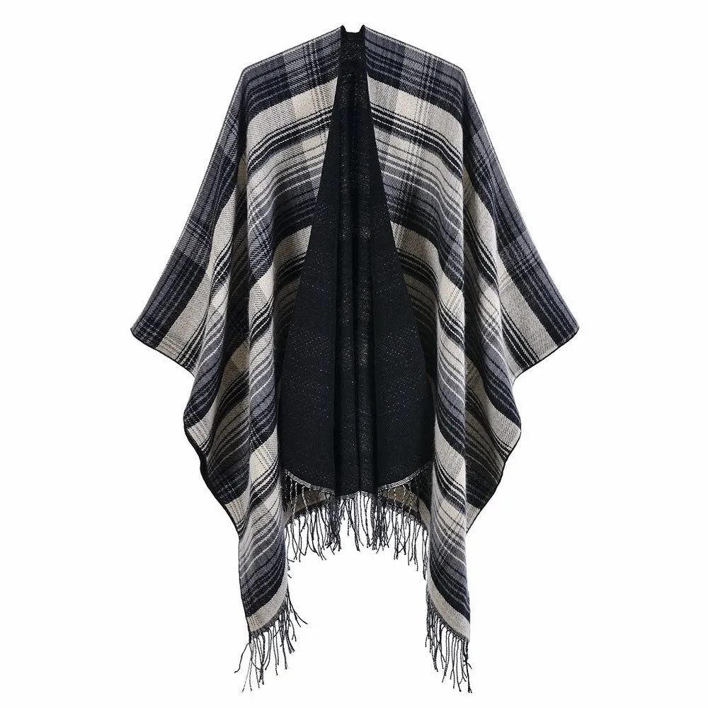 Women's classic color plaid cape with cashmere tassels thickened for warmth