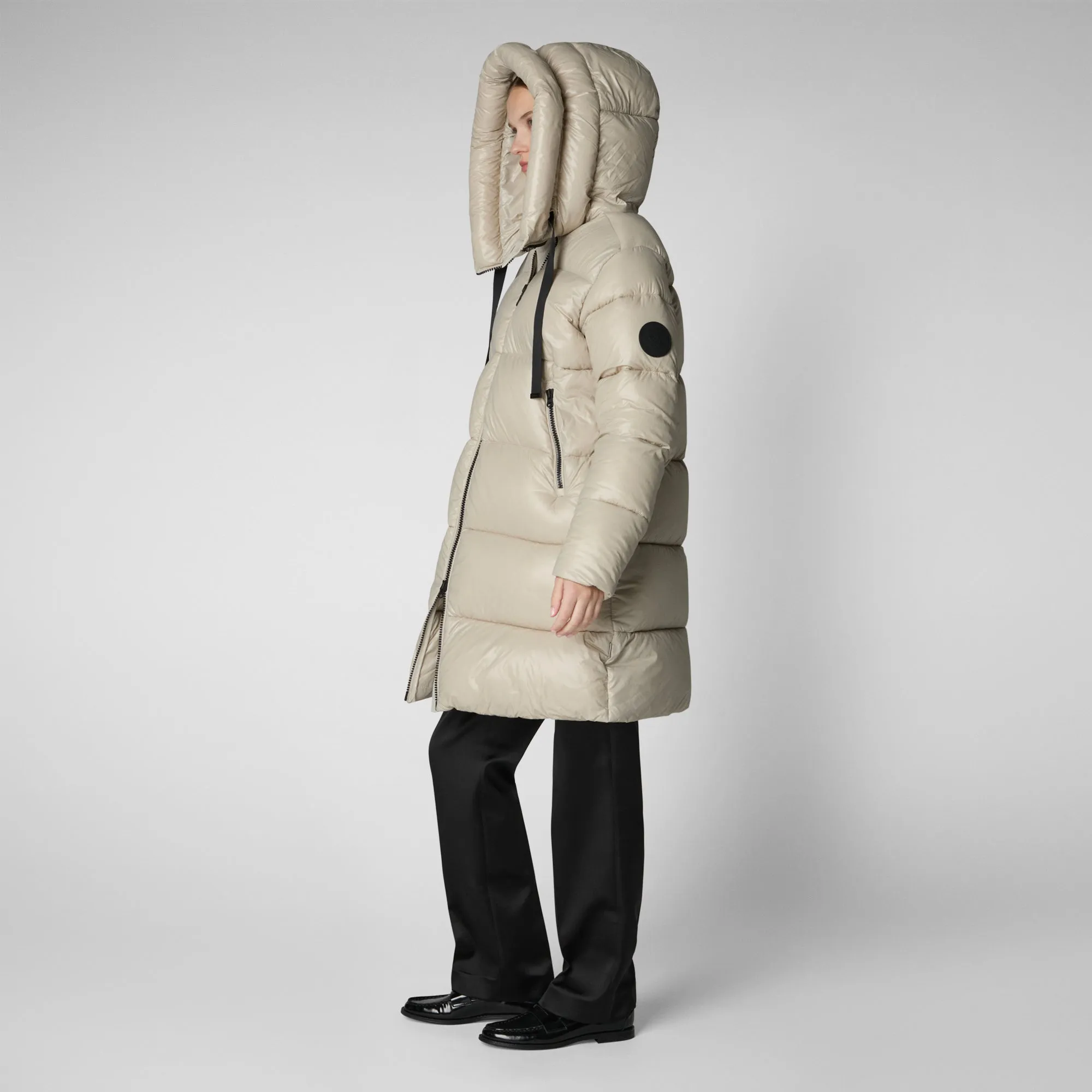 Women's  Hooded Animal free Puffer Coat Isabel in Rainy Beige