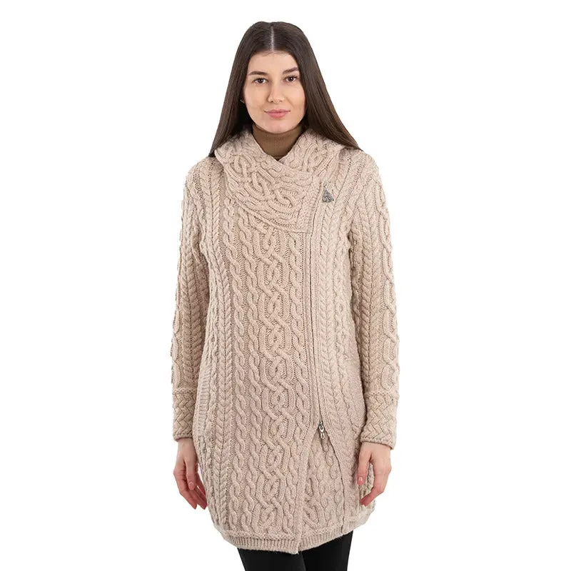 Women's Hooded Aran Zipper Coat - Oatmeal