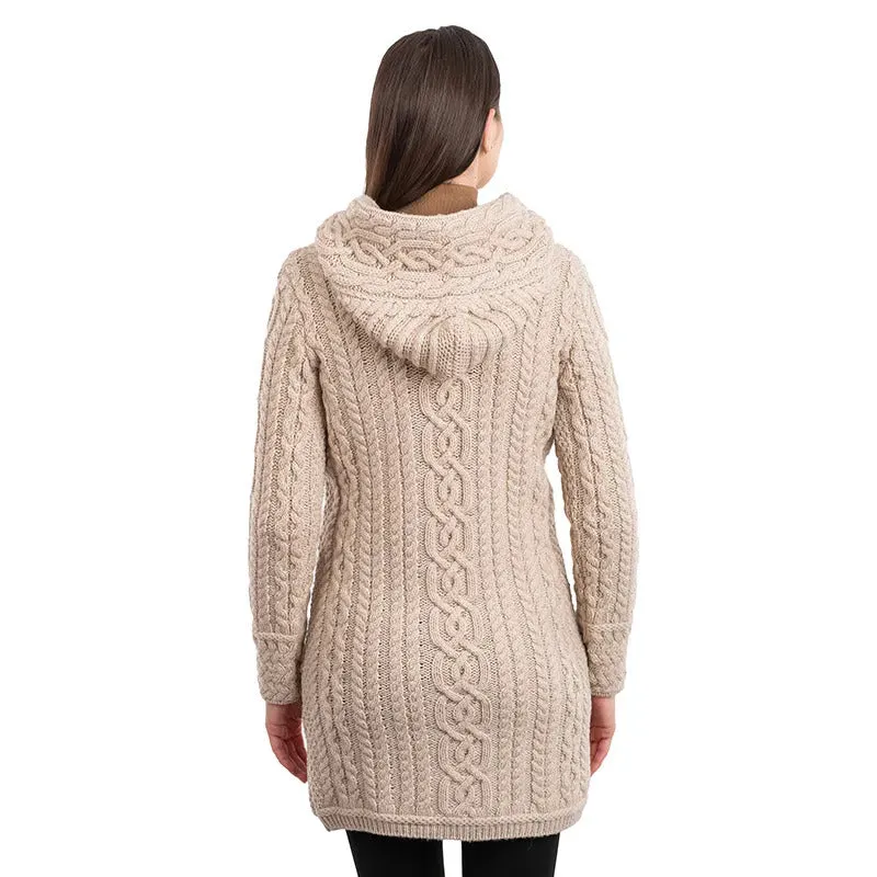 Women's Hooded Aran Zipper Coat - Oatmeal