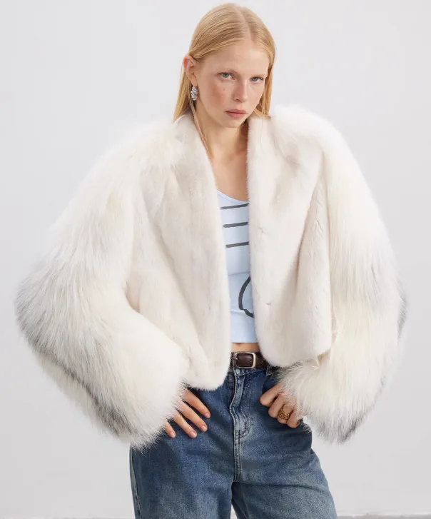 Women's White Mink Jacket with Arctic Fox Sleeves