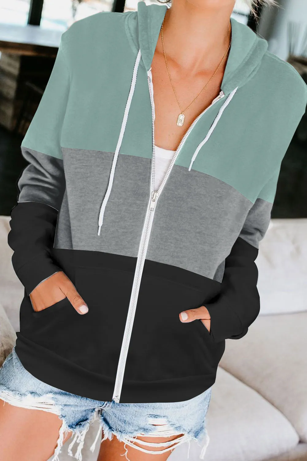 Zip Front Color Block Splicing Drawstring Hoodie