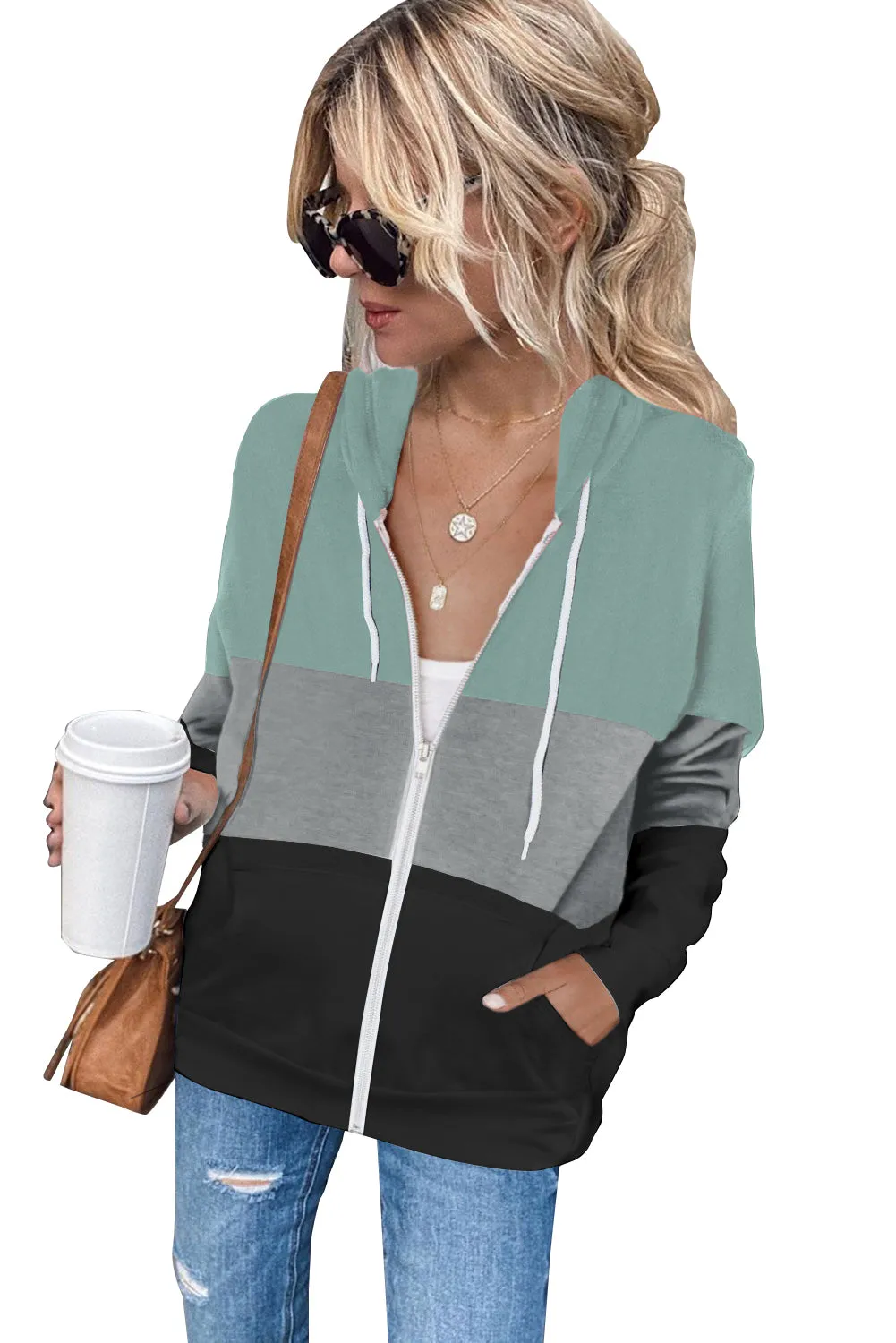 Zip Front Color Block Splicing Drawstring Hoodie