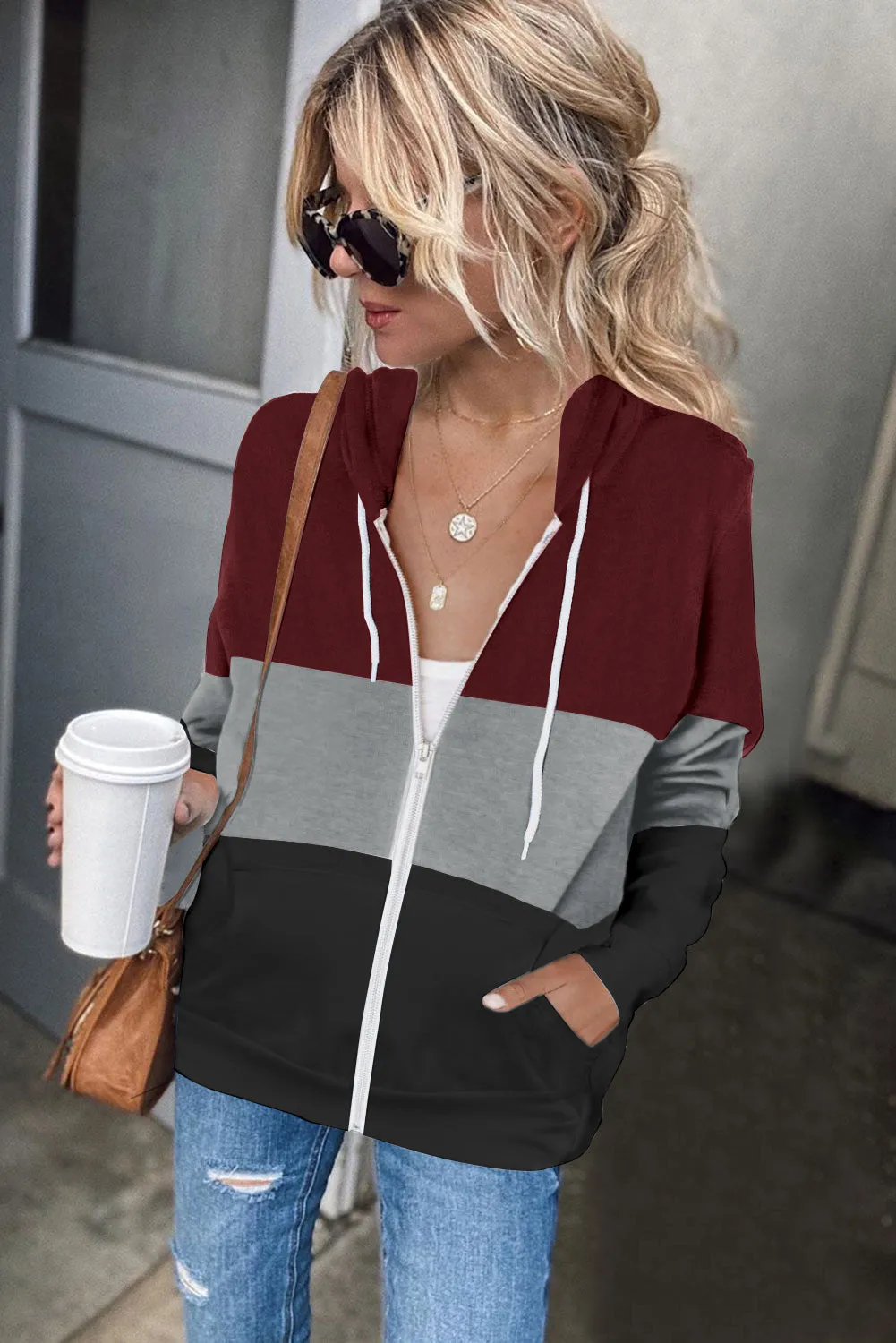 Zip Front Color Block Splicing Drawstring Hoodie